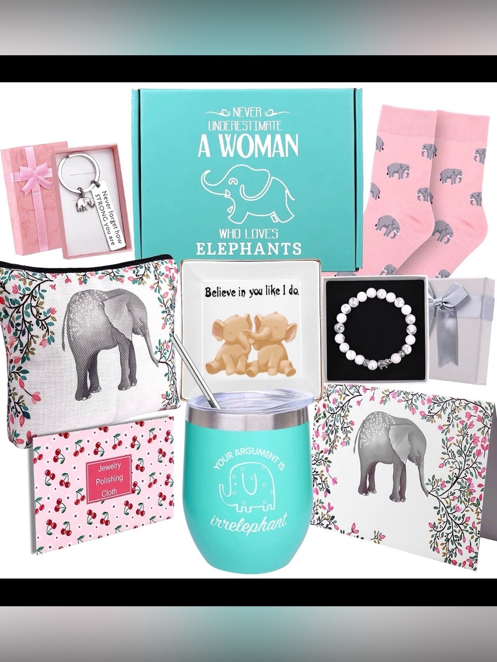 Elephant Themed Gift Box Set for Women, Birthday Elephant Lovers Gift Keychain